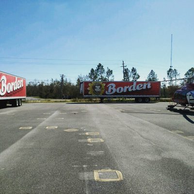 Borden trucks stage on the front line in Panama City, Fla.